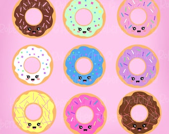Pack de 9 donuts kawaii mignon Clipart numérique, Clipart donut, donuts graphiques, graphismes Kawaii mignon, clipart Kawaii, téléchargement immédiat