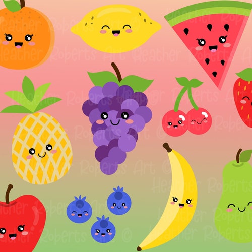 Cute Fruit Kawaii Fruit Clipart Strawberry Apple Etsy