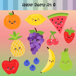 11 PACK Fruits kawaii / Clipart fruits mignons / Happy Fruit Clip Art / Orange, pastèque, citron, raisins, fraise, poire, banane, myrtilles
