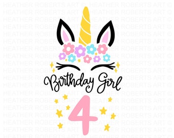 SVG de cara de unicornio para cuarto cumpleaños: Archivos de corte para camisetas de cumpleaños de niña (descarga digital)