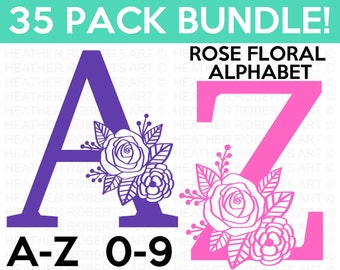 Rose Floral Alphabet and Numbers SVG, Flower Monogram Frame Alphabet, Floral Letters SVG, Cut File for Cricut, 35 Individual Cut File