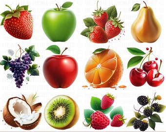 Fruit Clipart Set , Fruits PNG, Clipart Set of Strawberry, Apple, Cherries, Orange, Orange, Pear, Berries