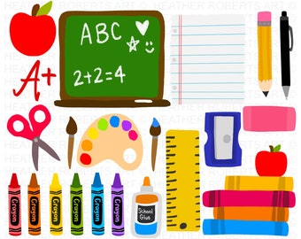 School Clipart Set, School Supplies Clipart Set, PNG Files, Crayons, Pencils, Cute School Supplies Clipart, Back to School Sublimation Files