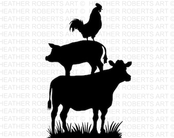 May include: Black silhouette of a rooster standing on top of a pig standing on top of a cow. The animals are all facing the right side of the image. The cow is standing in a patch of grass.