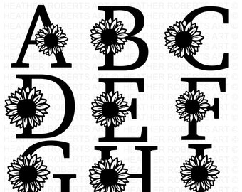 Alphabet et chiffres de tournesol SVG, alphabet de cadre de monogramme de tournesol, lettres de tournesol SVG, fichier de coupe pour cricut, 36 fichiers de coupe individuels