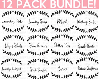 May include: A set of 12 black and white printable labels with a wreath design and text for laundry room organization. The labels include Laundry Pods, Laundry Soap, Bleach, Washing Soda, Dryer Sheets, Stain Remover, Clothes Pins, Scent Beads, Laundry Detergent, Scent Booster, Borax, and Fabric Softener.
