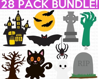 May include: A set of 28 Halloween-themed digital clipart images. The images include a haunted house, bats, a spider, a ghost, a tombstone, a cat, a tree, and a zombie hand. The images are in black, white, orange, green, and gray.