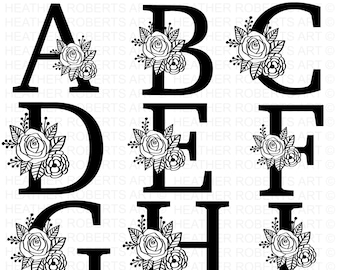 Rose Floral Alphabet and Numbers SVG, Flower Monogram Frame Alphabet, Floral Letters SVG, Cut File for Cricut, 35 Individual Cut File