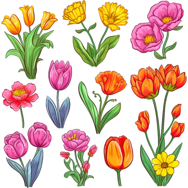 Flowers Clipart Set, Colorful Floral, Sublimation, Flowers PNG, Cute Flowers PNG, Party Decorations, Flower Stickers PNG, Instant Download