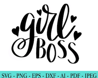 May include: Black and white graphic design with the text "girl boss" in a stylized font. The text is surrounded by small hearts.
