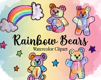 Rainbow Teddy Bears Watercolor Clipart - PNG file - Baby toys clipart - Care Bears Clipart - Cute Bears Digital Download - Stars and Rainbow