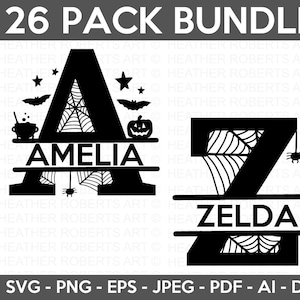 May include: A 26-pack bundle of Halloween-themed SVG cut files featuring the letters A and Z with spiderwebs and other spooky details. The letters are designed for use with a cutting machine and can be used to create personalised Halloween decorations, crafts, and more.