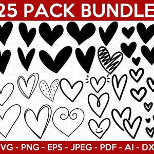 Pacote SVG de coração, clipart de coração, corações Doodle, Svg de dia dos namorados, svg de coração desenhado à mão, svg de coração de dia dos namorados, arquivos cortados Cricut, silhueta