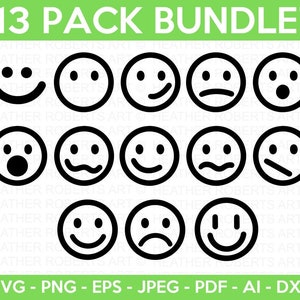 Paquete SVG de Emojis, Emoticonos Svg, Cara feliz, Cara neutra, Cara triste, Cara asombrada, Cara sin boca, Archivo cortado para Cricut, Silueta