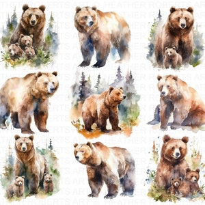 Imágenes prediseñadas de acuarela de oso grizzly, imágenes prediseñadas lindas de oso grizzly, imágenes prediseñadas para hacer tarjetas, imágenes prediseñadas de oso, ilustración de acuarela, descarga instantánea