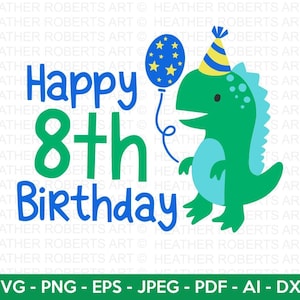 Glücklich 8.Geburtstags-Svg, niedlicher Dinosaurier SVG, T-Rex SVG, Dino svg, kleiner Junge svg, Jungen-Shirt svg, Dinosaurier-Geburtstag, Geburtstags-Svg, geschnittene Akten Cricut