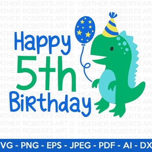 Glücklich 5. Geburtstag SVG, niedlichen Dinosaurier SVG, T-Rex SVG, Dino svg, Junge svg, Junge Shirt svg, Dinosaurier Geburtstag, Geburtstag svg, Cut File Cricut