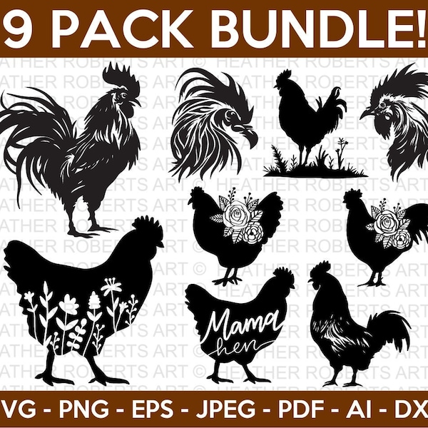 Chicken SVG Bundle, Chicken Svg, Rooster Svg, Farmhouse SVG, Floral Rooster Svg, Farmhouse Decor svg, Floral Chicken svg, Cut File Cricut