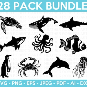 Pacote Svg de animais marinhos, Svg de tartaruga, Svg de baleia, Svg de golfinho, Svg de pinguim, Svg de medusa, Svg de polvo, Svg de peixe, Arquivos cortados Cricut, Silhueta