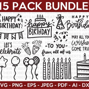 Paquete SVG de Doodle de cumpleaños, SVG de cumpleaños, svg de cumpleañera, camisa de cumpleaños SVG, regalo de cumpleaños svg, diseño con letras a mano, archivos cortados para Cricut
