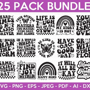 Retro Mentale Gesundheit SVG Bundle, positive SVG, motivierende SVG, Bewusstsein für psychische Gesundheit, inspirierende SVG, Schnittdateien für Cricut, Silhouette