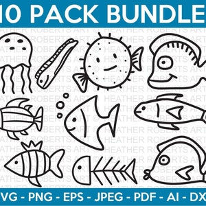 Fish Doodle SVG Bundle, Fish svg, Doodle Svg, Drawing Svg, Jellyfish Svg, Fish Bone Svg, Hand-drawn svg, Cut Files Cricut, Silhouette