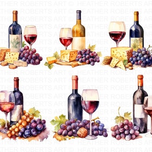 Imágenes prediseñadas de acuarela de vino mixto, imágenes prediseñadas de queso, tabla de charcutería, imágenes prediseñadas de acuarela de vino, imágenes prediseñadas de queso, imágenes prediseñadas de uva, descarga instantánea