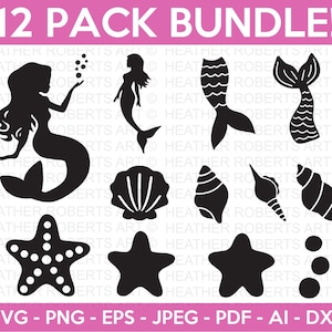 Zeemeermin Clipart SVG-bundel, zeemeermin Svg, Clam Shell Svg, zeemeerminstaart Svg, Starfish Svg, Shell Svg, gesneden bestanden voor Cricut, silhouet