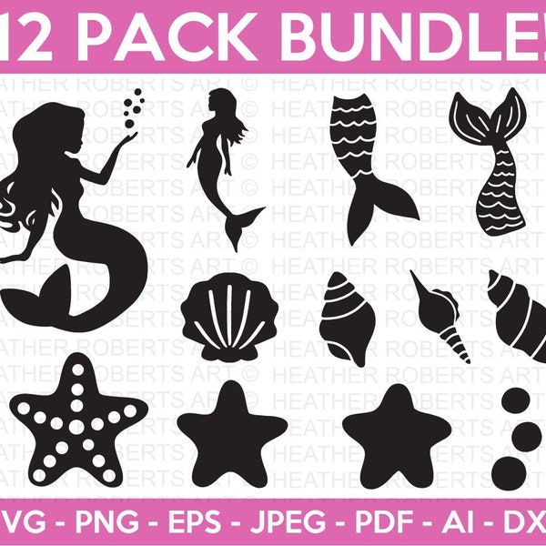 Mermaid Clipart SVG Bundle, Mermaid Svg, Clam Shell Svg, Mermaid Tail Svg, Starfish Svg, Shell Svg, Cut Files for Cricut, Silhouette