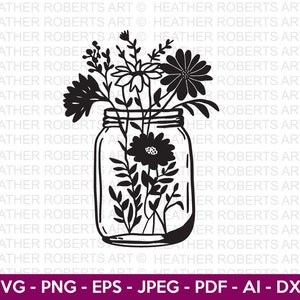 Fleurs en pot Mason Svg. Plantes SVG, SVG de fleurs, SVG amateur de plantes, plante Doodle svg, svg plantes dessinées à la main, fichier coupé pour Cricut, Silhouette