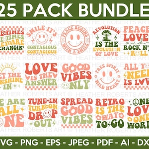 Paquete SVG retro hippie, svg hippie, svg de paz, svg inspirador, svg motivacional, diseños retro svg, vibraciones positivas svg, archivo de corte cricut