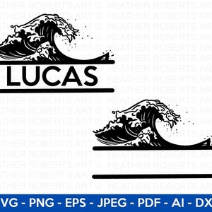 Può includere: Grafica in bianco e nero di un'onda grande con una linea divisa sotto. Il nome "LUCAS" è scritto in maiuscolo nella linea divisa.