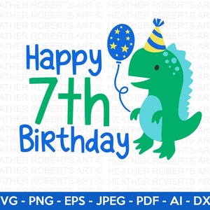 Fröhlicher 7. Geburtstag Aufdruck, niedlicher Dinosaurier Aufdruck, T-Rex Aufdruck, Dino Aufdruck, kleiner Junge Aufdruck, Dinosaurier Geburtstag, Geburtstag Aufdruck, Cut File Cricut