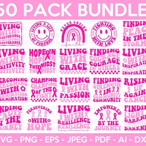 レトロながん啓発 SVG バンドル、がん SVG、乳がん SVG、啓発リボン SVG、ピンクリボン SVG、がんサバイバー SVG、カット ファイル Cricut
