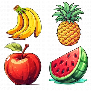 Pode incluir: Uma ilustra&ccedil;&atilde;o digital de quatro frutas: uma ma&ccedil;&atilde; vermelha, uma banana amarela, um abacaxi amarelo e uma melancia vermelha. As frutas s&atilde;o desenhadas em estilo cartoon.