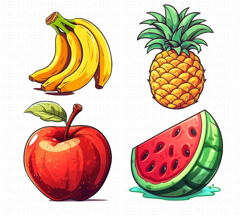 Pode incluir: Uma ilustra&ccedil;&atilde;o digital de quatro frutas: uma ma&ccedil;&atilde; vermelha, uma banana amarela, um abacaxi amarelo e uma melancia vermelha. As frutas s&atilde;o desenhadas em estilo cartoon.