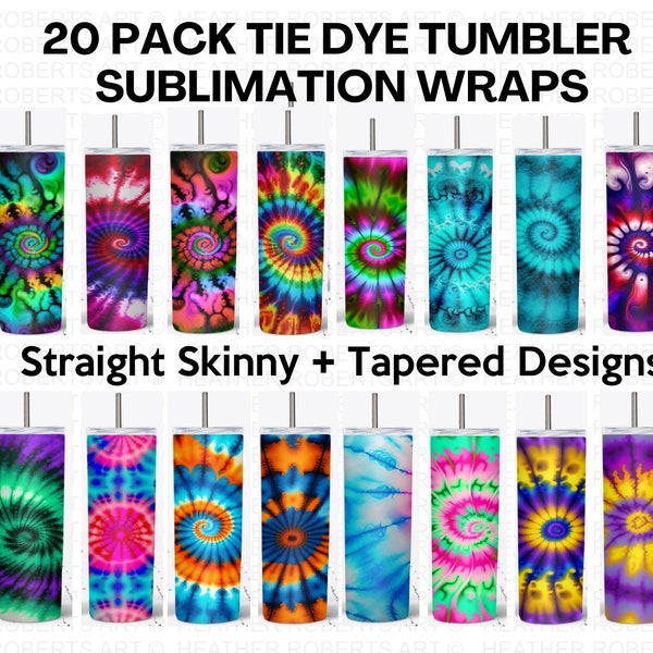 20 Oz Tie Dye Skinny Tumbler Sublimation Wraps Bundle, Tie Dye Designs PNG Bundle, Straight Template, Tapered Template, Sublimation PNG