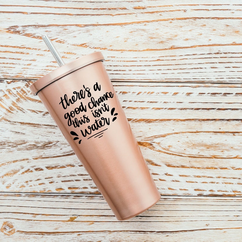 May include: Rose gold tumbler with a black straw and the text "There's a good chance this isn't water" printed on the side.