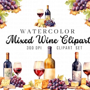 Imágenes prediseñadas de acuarela de vino mixto, imágenes prediseñadas de queso, tabla de charcutería, imágenes prediseñadas de acuarela de vino, imágenes prediseñadas de queso, imágenes prediseñadas de uva, descarga instantánea