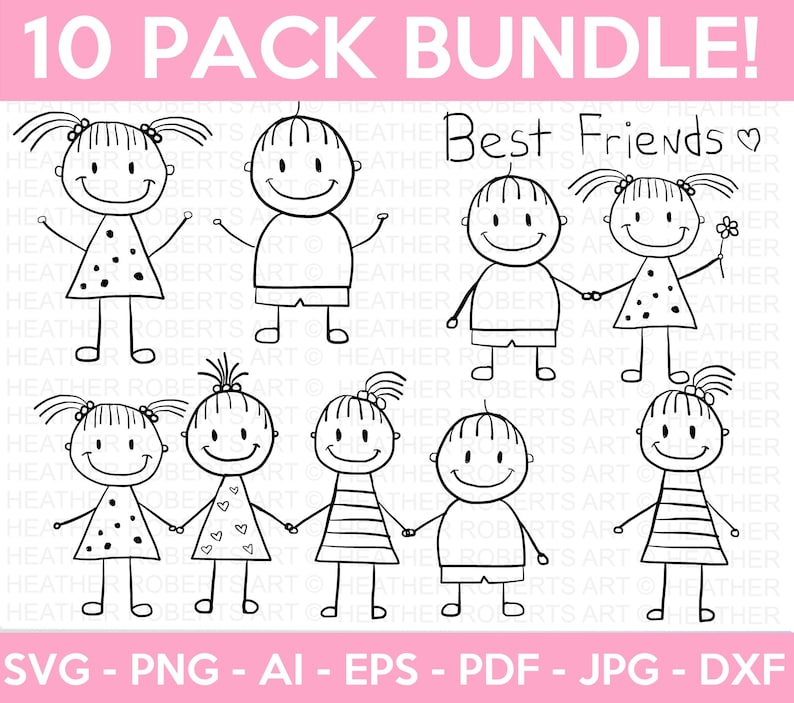 Op de afbeelding: Een set van tien zwart-witte stick figure illustraties van vrienden. De illustraties zijn simpel en schattig, en ze zouden perfect zijn voor gebruik in een verscheidenheid aan projecten, zoals wenskaarten, scrapbooking of digitaal ontwerp. De tekst "Best Friends" is opgenomen in de afbeelding.