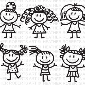 May include: Black and white line art of six smiling stick figures of girls with various hairstyles and dresses. The text "HEATHER ROBERTS ART" is repeated around the figures.