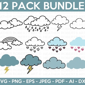 May include: A 12 pack bundle of digital cloud illustrations featuring various weather patterns including rain, lightning, rainbows, and heart-shaped raindrops in blue, gray, and white outlines. The text 12 PACK BUNDLE and SVG - PNG - EPS - JPEG - PDF - AI - DXF is visible.
