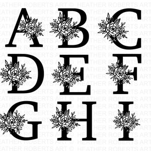 May include: Black and white floral alphabet letters A through H. Each letter has a floral design with a white flower and leaves.