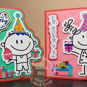 May include: Two handmade birthday cards. One card says "Birthday Boy" with a cartoon boy holding a cupcake and a gift. The other card says "For a special girl" with a cartoon girl holding a cupcake and a gift. Both cards have a red border.