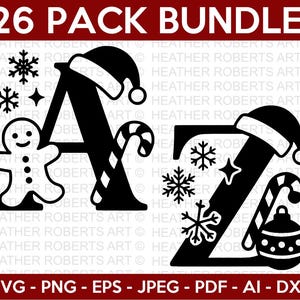 Peut inclure: Ensemble d'art numérique de Noël en noir et blanc avec les lettres "A" et "Z" avec des bonnets de Père Noël, des flocons de neige, un bonhomme en pain d'épices, des cannes en sucre et une boule de Noël. Le texte "26 PACK BUNDLE!" est en haut.