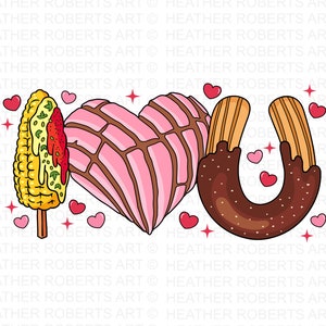 Può includere: Un dolce rosa a forma di cuore, una pannocchia di mais gialla con salsa verde e un churro ricoperto di cioccolato a forma di U. L'immagine è su uno sfondo bianco con cuori rosa sparsi intorno agli alimenti.
