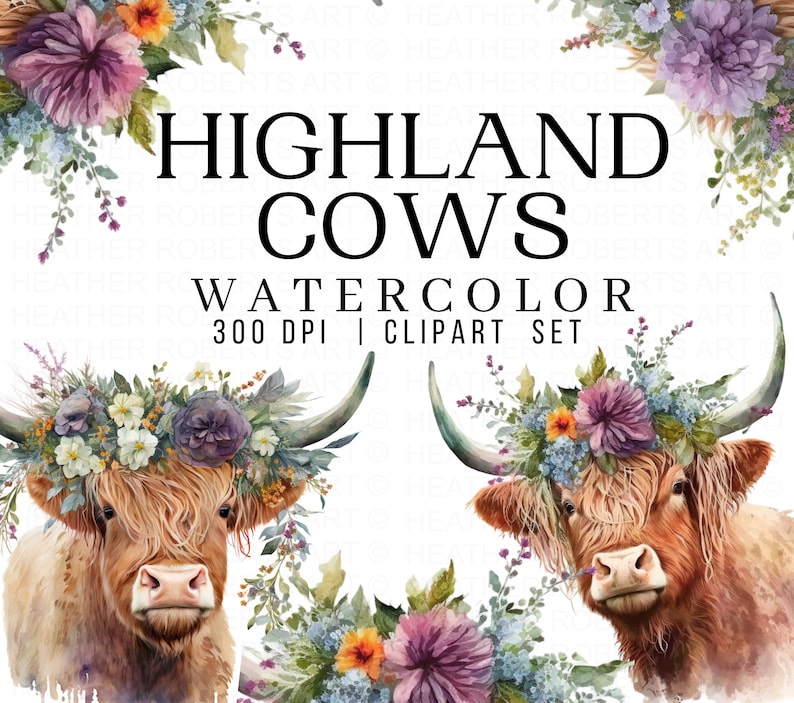 Watercolor Highland Cow Clipart: Flower Crown PNG (digital Download) - Etsy