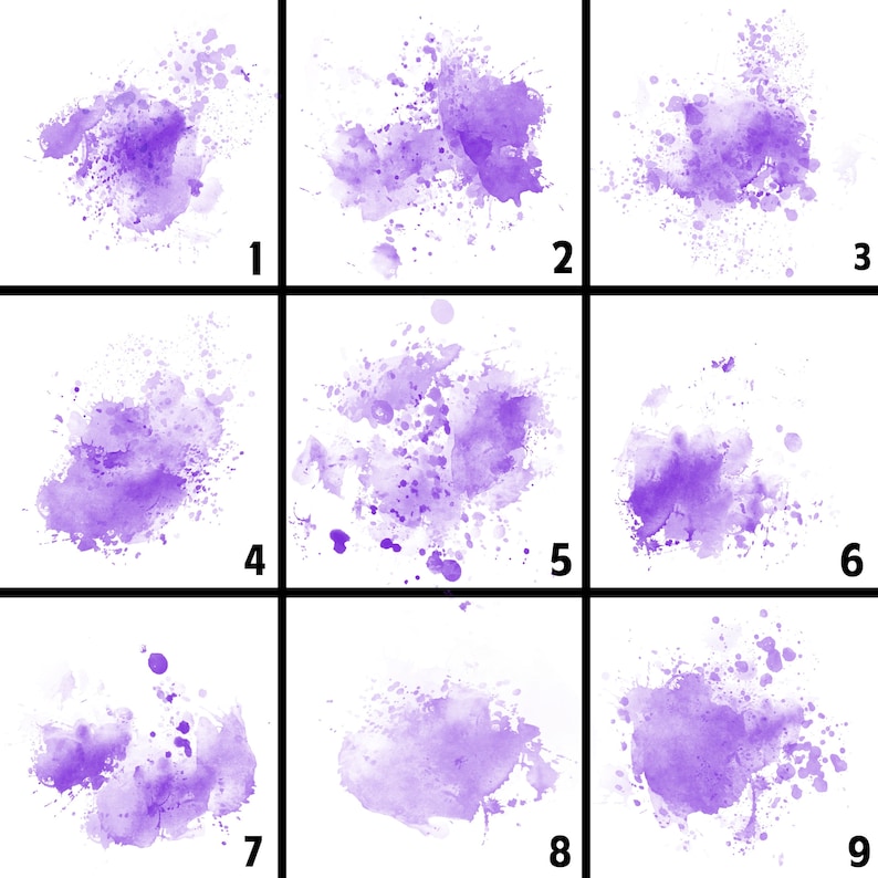 Op de afbeelding: Negen paarse aquarel spatten op een witte achtergrond. Elke splatter is uniek in grootte en vorm, sommige hebben een meer geconcentreerd centrum en andere zijn meer verspreid.