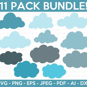 May include: An 11 pack bundle of digital cloud illustrations in various shades of blue, ranging from light sky blue to dark slate gray. The text 11 PACK BUNDLE! appears at the top, and SVG - PNG - EPS - JPEG - PDF - AI - DXF at the bottom.