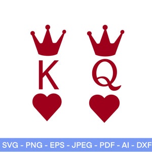 Rei e Rainha SVG, Pacote, EPS, PNG, Jpeg, Dxf, Cartas de jogar, Rei de Copas, Rainha de Copas, Arquivos cortados para Cricut, Download instantâneo